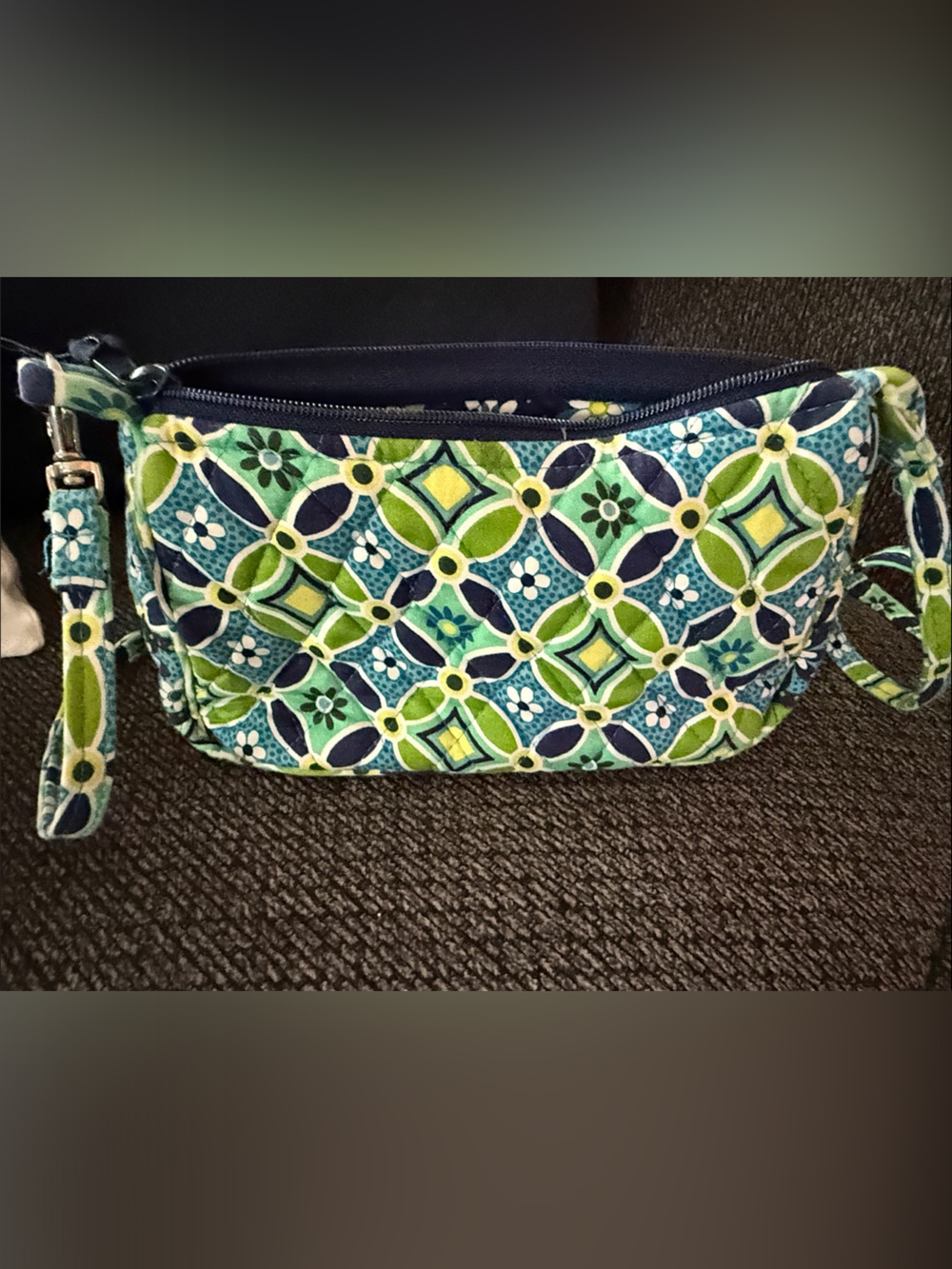 Vera Bradley Quilted Wristlet in Teal, Green and Navy Geometric Print